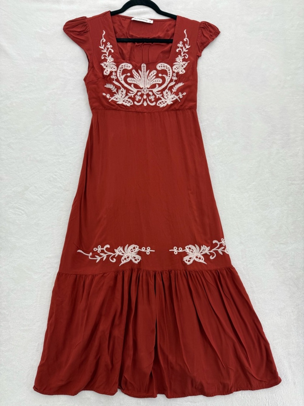 RusttyDustty Maxi Dress Floral Rust Orange color
 Bohemian Women’s Medium Ruffle